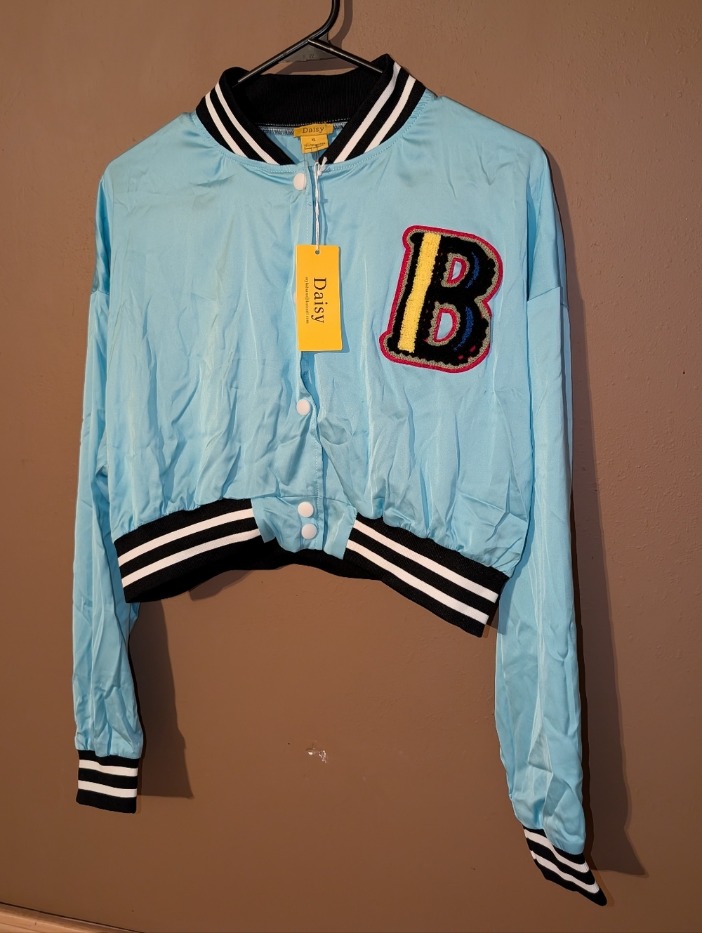 Daisy Light Blue Cropped Bomber Jacket with 'B' Patch